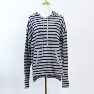 Aqua Cashmere Womens Small Striped Hoodie Sweater Gray Black Quiet Luxury